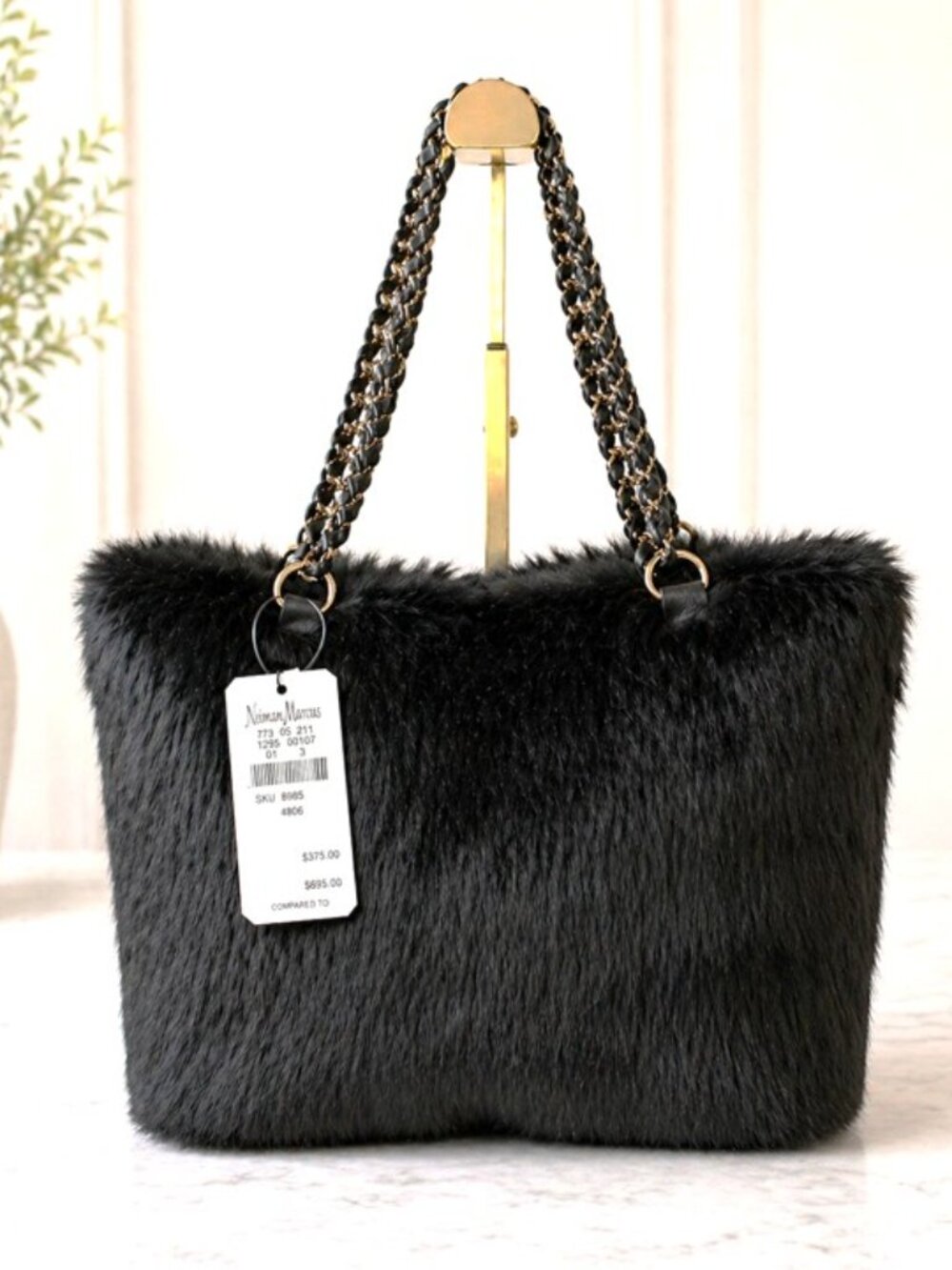 Cassin Black Rabbit Fur Tote Bag Gold Chain Strap NWT